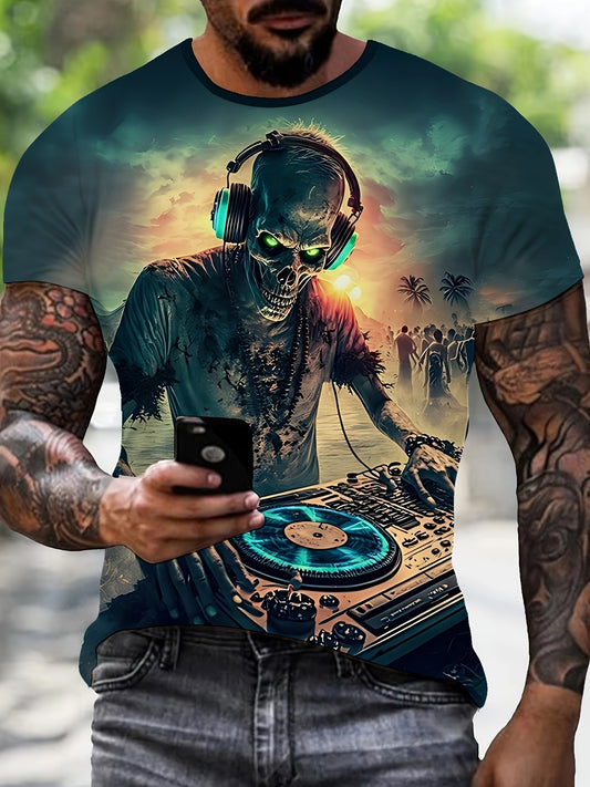 Men's Zombie DJ Graphic T-Shirt - with Glowing Green Eyes, Dark Blue Crew Neck Tee for EDM Clubs, Halloween Parties & Streetwear - Machine Washable Summer Shirt for Music Lovers, Party Outfit, Bold Print, Highquality Print, S