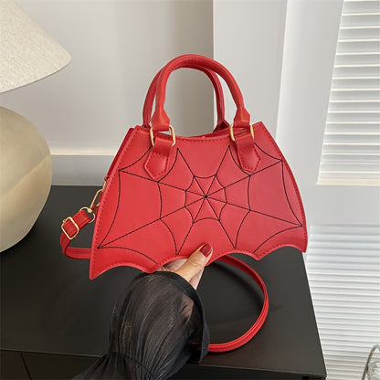 Halloween Women'S Bat Wing Spider Web Handbag - Lightweight Synthetic Faux Leather Tote with Geometric Spider Web Design, Zipper Closure & Detachable Strap, Gothic Style for Daily Use or Party Outfits, Durable Polyester Linin