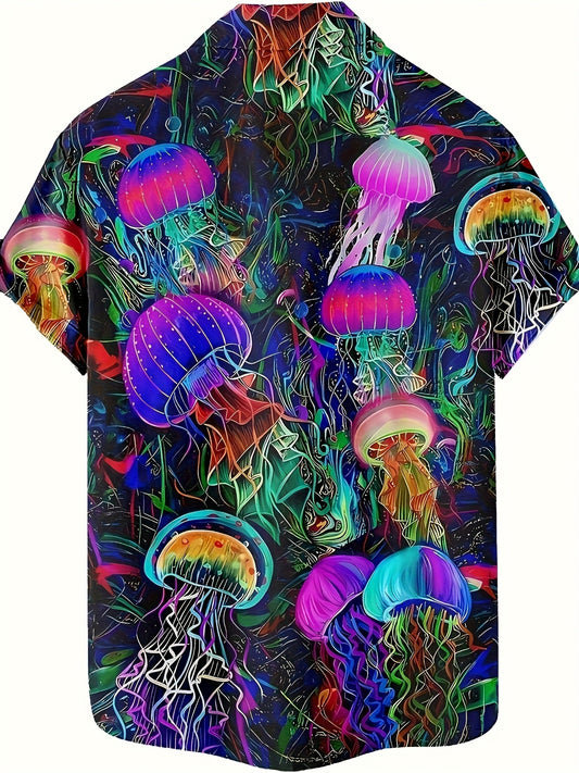 Men's Hawaiian Shirt - Bold Neon Glow Party Beach Shirt, Loose Fit Button-Up Summer Shirt with Non-Transparent Fabric for Nightclub, Casual Outings - Machine Washable, Nightclub Attire, Vibrant Print Quality