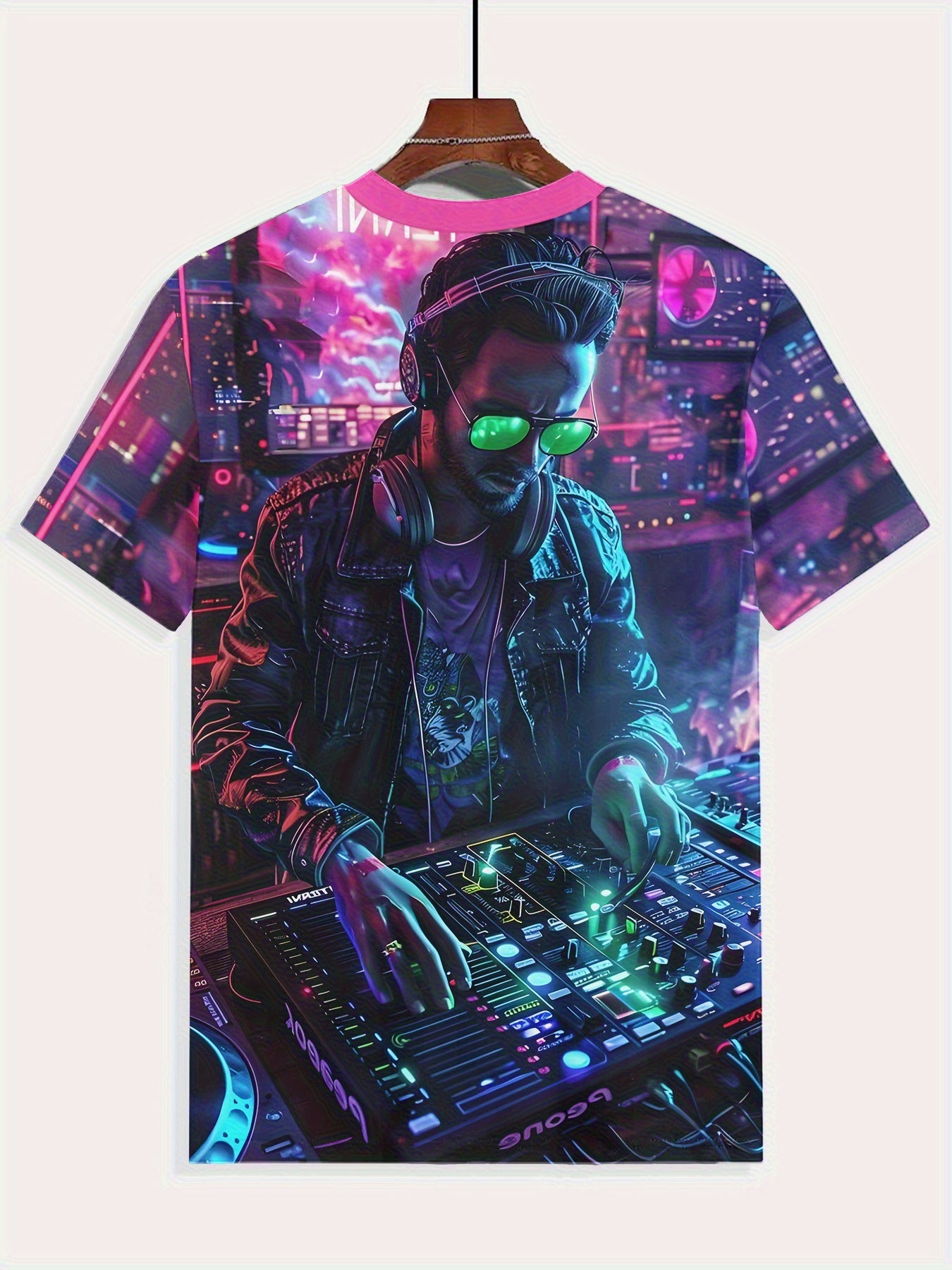Men's Neon DJ Graphic T-Shirt - Retro Futuristic DJ Setup & Neon City Lights Design, Breathable Fabric Tee for Concerts, Club Nights, Streetwear - Machine Washable Music Producer Outfit Essential, Dj Accessories, Concert Atti
