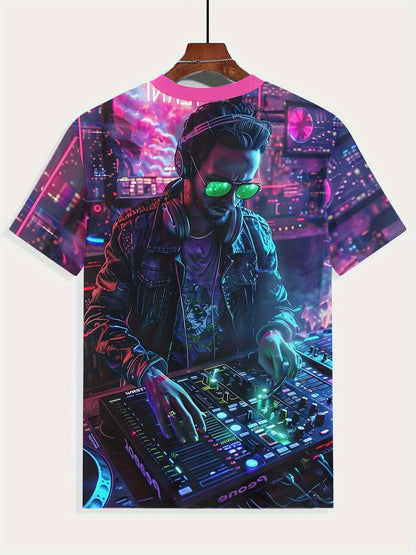 Men's Neon DJ Graphic T-Shirt - Retro Futuristic DJ Setup & Neon City Lights Design, Breathable Fabric Tee for Concerts, Club Nights, Streetwear - Machine Washable Music Producer Outfit Essential, Dj Accessories, Concert Atti