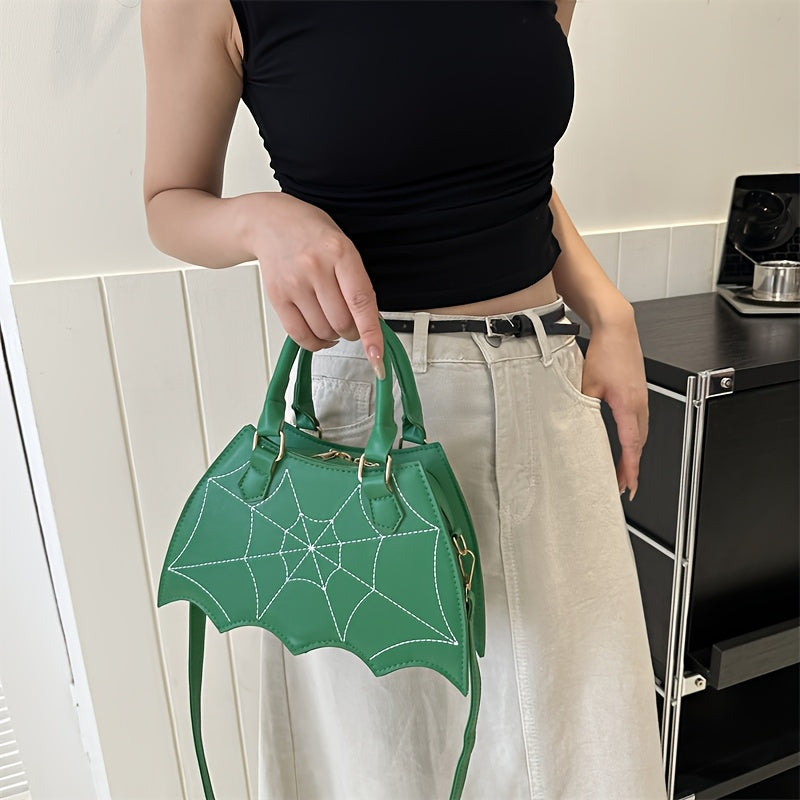 Halloween Women'S Bat Wing Spider Web Handbag - Lightweight Synthetic Faux Leather Tote with Geometric Spider Web Design, Zipper Closure & Detachable Strap, Gothic Style for Daily Use or Party Outfits, Durable Polyester Linin