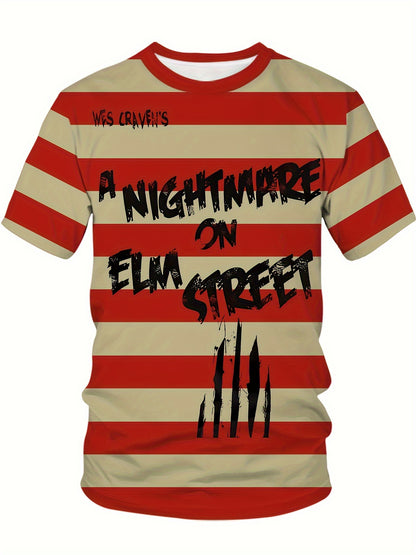 Men's Oversized 3D 'Nightmare on Elm Street' Graphic T-Shirt - Bold Red & White Stripes with Black Text, Stylish & Comfortable Polyester Blend, Summer Casual Tee for Outdoor Activities, BIG SIZE, PLUS SIZE