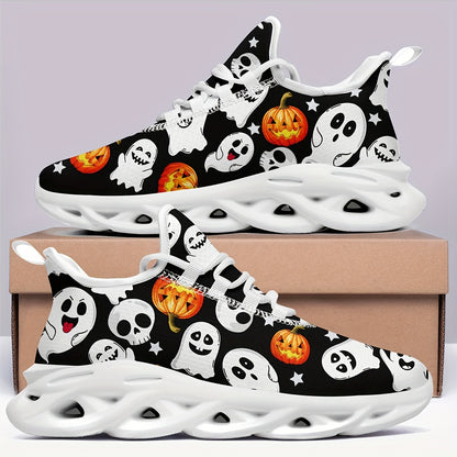 Ghosts and Pumpkins Ladies Outdoor Blade Bottom Breathable Mesh Face Shock Absorption Comfortable Wear Resistant Bounce Low Top Sports Shoes, Suitable for Halloween Shoes