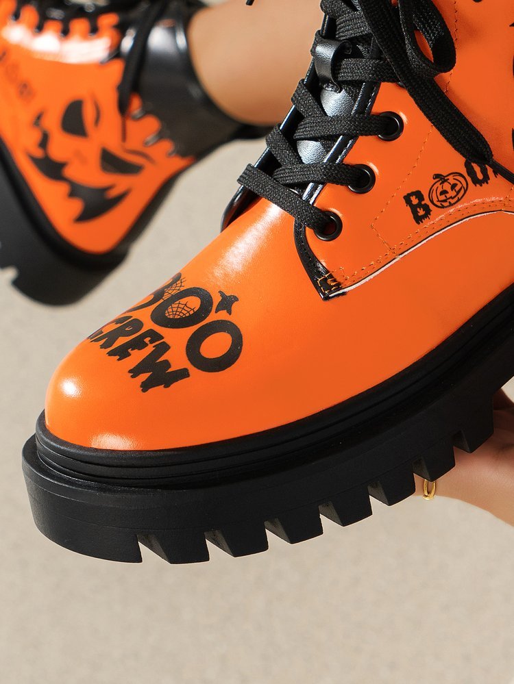 Trendy Plus Size Women's Halloween Print Lace-Up Boots - Thick Low Heel Round Toe PU Cover Short Boots with Rubber Sole, All-Season Comfort for Casual & Festive Occasions