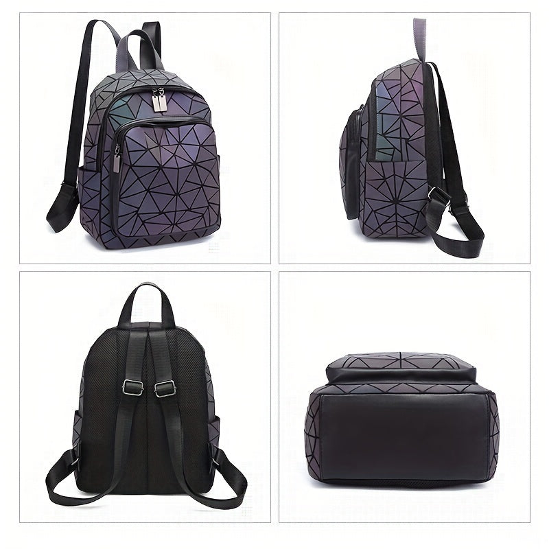 FOUPOOM Women's Geometric Iridescent Backpack - Color-Shifting Reflective PVC Bag with Adjustable Straps & Multiple Pockets, Casual Daypack for Teens,, Birthdays, Backpack for, Student Essentials, Trendy Design, Practical Poc