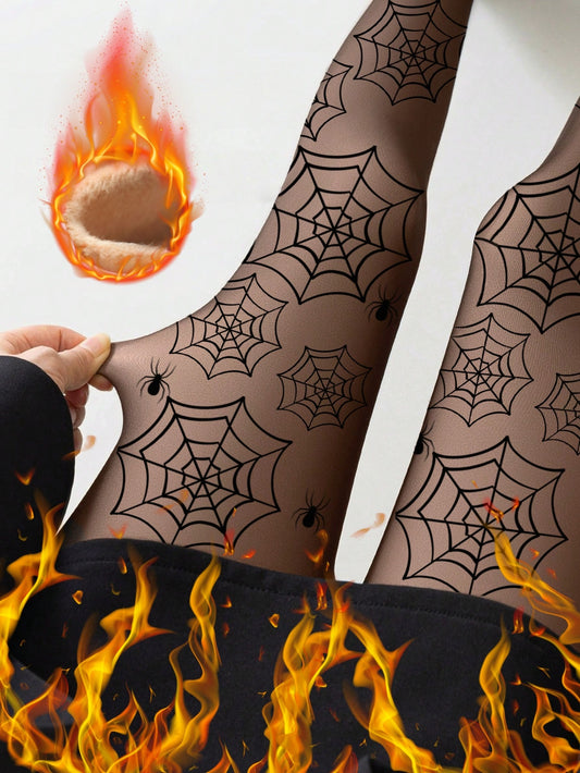 [Sexy Spider Web Leggings] 1pc Women's Sexy Spider Web Thermal Leggings | Thickened, Geometric Pattern, Skinny Tights for Casual Wear, Black with White Spider Web Design, Perfect for Fall/Winter