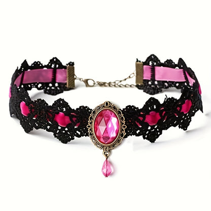 Gothic Lace Choker Necklace with Rhinestone, Adjustable Clavicle Jewelry, Women'S Fashion Collar, Gift for Parties, Halloween, All-Season Accessory