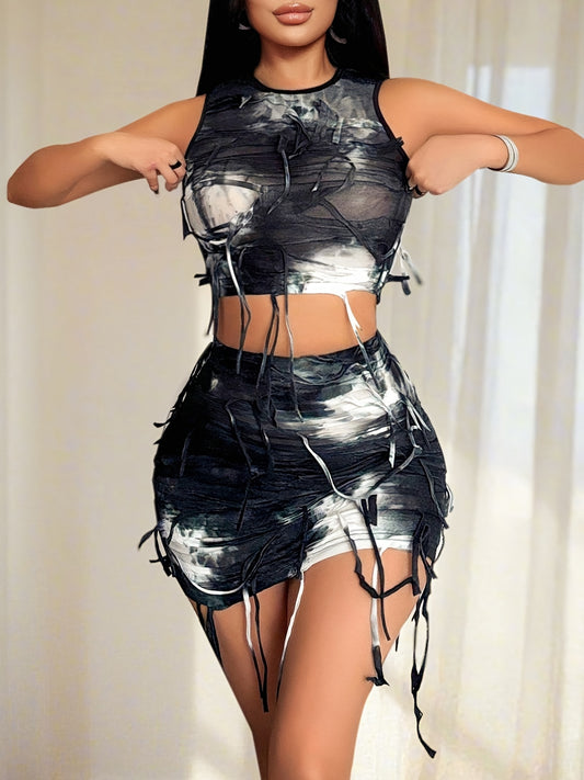 Vintage-Inspired Tie-Dye Tassel Crop Top & Mini Skirt Set for Women - Sexy Streetwear with Adjustable Straps, High-Waisted Ruffled Hem, Black & White Gradient Design, Perfect for Casual or Party Wear, Party Attire | Vintagein