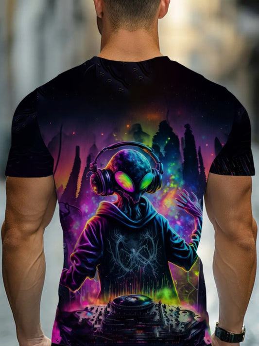 Men's DJ Graphic T-Shirt - Neon Glow Party Tee, Lightweight Club Shirt for Nightlife, Concerts & Casual Outfits - Machine Washable Regular Fit Music Producer Apparel, Music Shirt, Nightclub Clothing, Vibrant Print Tee