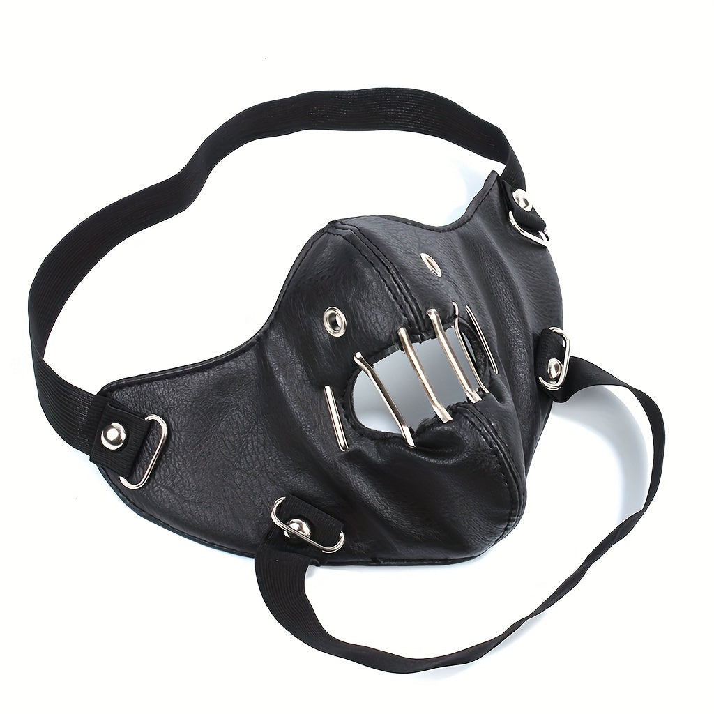 1pc Faux Leather Safety Pin Mask, Unisex Hollow-Out Novelty Face Covering for Halloween Party Costume, Funky Men's Fashion Accessory