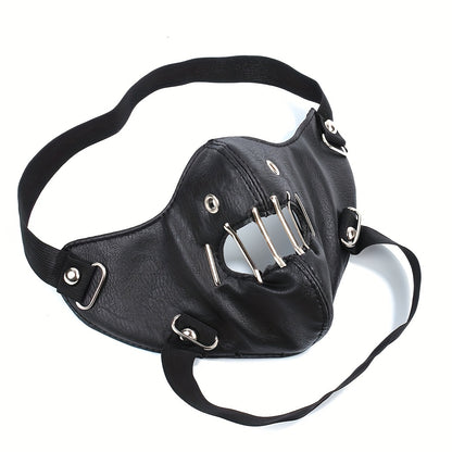 1pc Faux Leather Safety Pin Mask, Unisex Hollow-Out Novelty Face Covering for Halloween Party Costume, Funky Men's Fashion Accessory