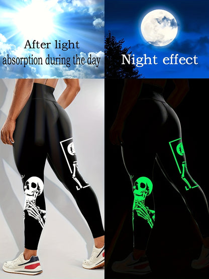 Women'S High-Waisted Stretchy Fitness Leggings with Glow-in-the-Dark Skull Print - Black, Elastic Waistband, Long Length for Running, Yoga & Halloween Party Wear, Yoga Pants, Halloween Leggings, Bold Graphic Pants, Highelasti