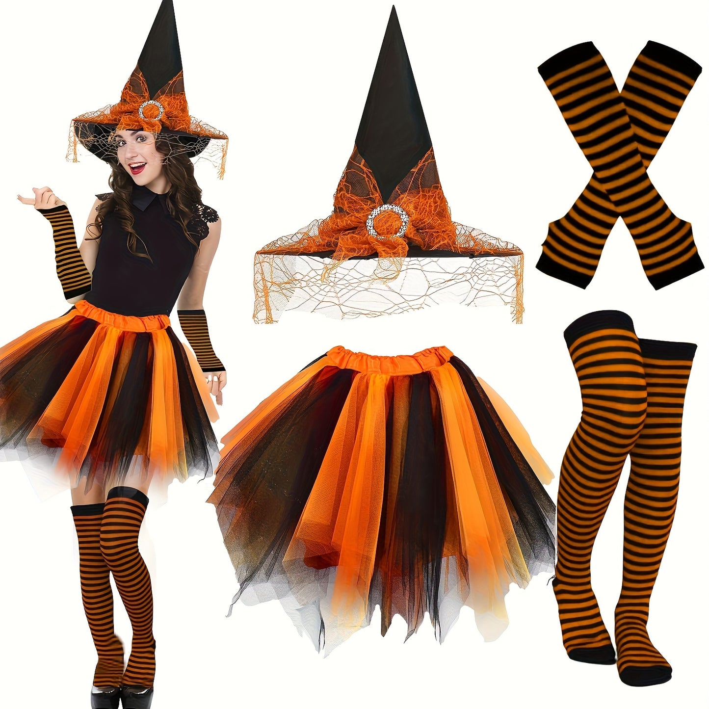 4pcs Halloween Witch Costume Set for Women Ladies Gothic Cosplay Witch Hat Striped Knee High High Over Knee Witch Stockings Arm Warmers Tutu Skirt Set for Women Halloween Witch Cosplay Party Favor Cosplay Costume Accessories