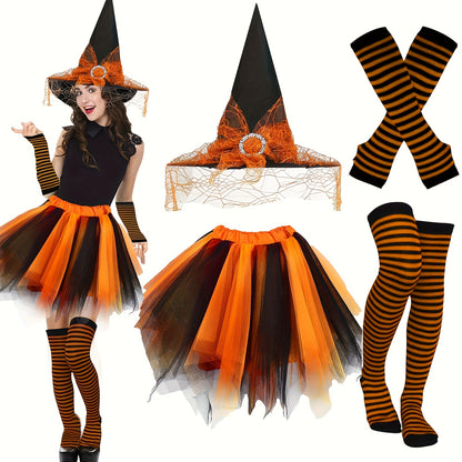 4pcs Halloween Witch Costume Set for Women Ladies Gothic Cosplay Witch Hat Striped Knee High High Over Knee Witch Stockings Arm Warmers Tutu Skirt Set for Women Halloween Witch Cosplay Party Favor Cosplay Costume Accessories