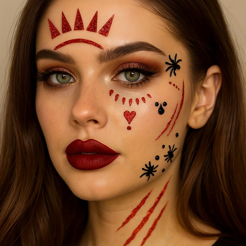 [Realistic Blood Face Stickers] 2 Sheets Red Glitter Blood Face Stickers - Realistic Fake Blood & Wound Effects, Glossy Self-Adhesive Temporary Tattoos for Halloween, Christmas, Themed Parties - Easy Apply, Perfect for Costum