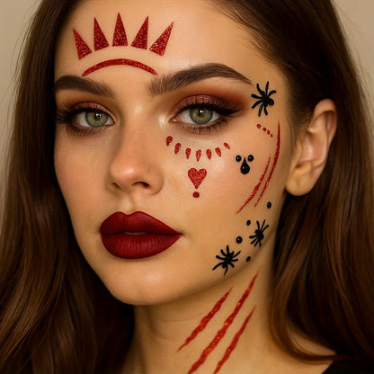[Realistic Blood Face Stickers] 2 Sheets Red Glitter Blood Face Stickers - Realistic Fake Blood & Wound Effects, Glossy Self-Adhesive Temporary Tattoos for Halloween, Christmas, Themed Parties - Easy Apply, Perfect for Costum