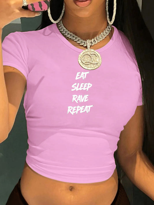 [Y2K Graphic Tee] Pink Polyester Y2K Style Graphic Crop Top T-Shirt - Women's "Eat Sleep Rave Repeat" Crew Neck Tee | Y2K Fashion | Casual Attire, Rave Party Apparel