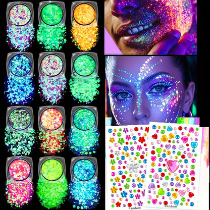 12 Colors Quick Dry Glow-in-the-Dark Glitter Gel - Water-Based, Self-Adhesive Neon Glitter for Women, Perfect for Mardi Gras, Halloween, Party & Festival Makeup, Body Glitter|Vibrant Glitter|Waterproof Glitter, Glitter Eyesha