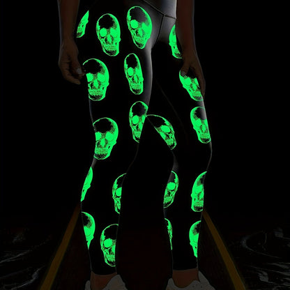 [Glow Halloween Leggings] Stretchy, Comfortable Glow-in-the-Dark Halloween Skull Print High Waist Yoga Leggings for Women | Black Sports Pants for Nighttime Workouts or Casual Wear, Casual Sportswear