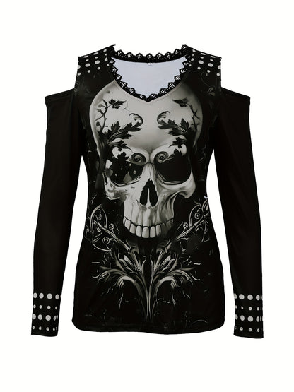 Vintage Skull Print Cold Shoulder T-Shirt - Trendy Long Sleeve Design with Cozy Fit, Distressed Retro Look, and Bold Graphic Print - Perfect for Spring & Fall, Womens Fashion Clothing