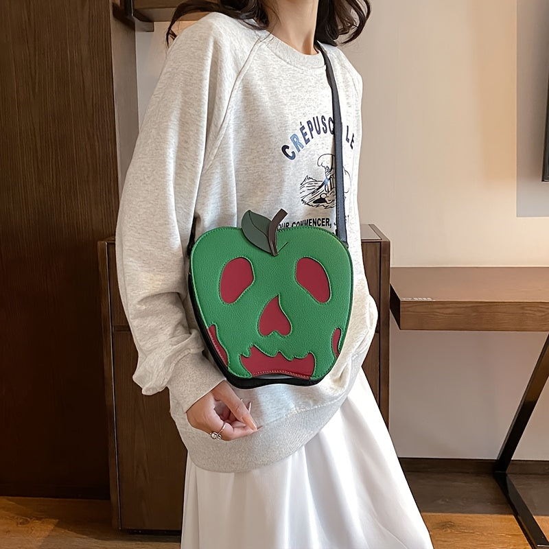 [Halloween] Women's Halloween Skeleton Apple Crossbody Bag - Adjustable Strap, Zipper Closure, Polyester Lining, Green & Red Contrast Design, Perfect For Halloween Accessories, Halloween Accessories Bag | Skeleton Apple Print