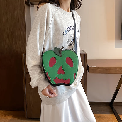 [Halloween] Women's Halloween Skeleton Apple Crossbody Bag - Adjustable Strap, Zipper Closure, Polyester Lining, Green & Red Contrast Design, Perfect For Halloween Accessories, Halloween Accessories Bag | Skeleton Apple Print