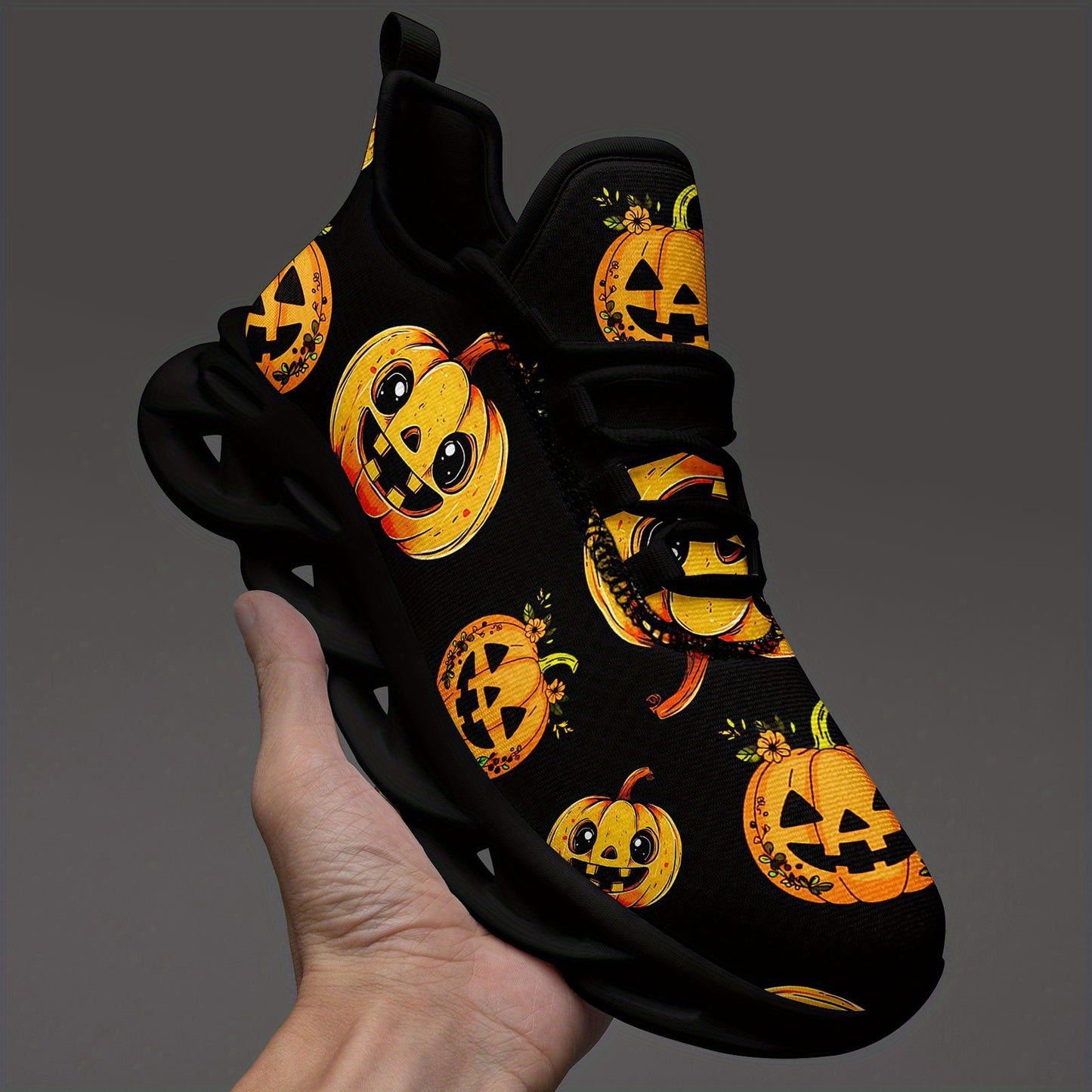 Men'S Halloween Pumpkin Print Casual Sneakers - White Low-Top Lace-Up Trainers with Orange & Black Jack-O'-Lantern Design, Comfortable EVA Sole for Daily Wear & Halloween, PLUS SIZE, Halloween Shoes, Trendy Streetwear, Durabl