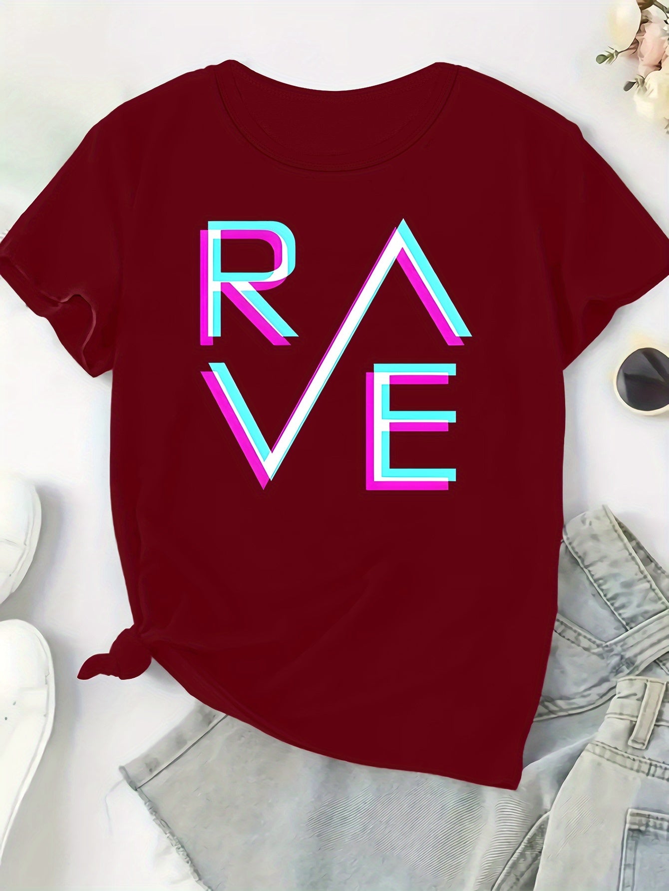 Plus Size, Women's Plus Size T-Shirt - Bright Orange with Neon BLUE-PINK RAVE Graphic - Stretchy Fabric Casual Party Outfit for Concerts, Clubwear - Everyday & Special Occasion Tops - Machine Washable All-Season Women's Cloth