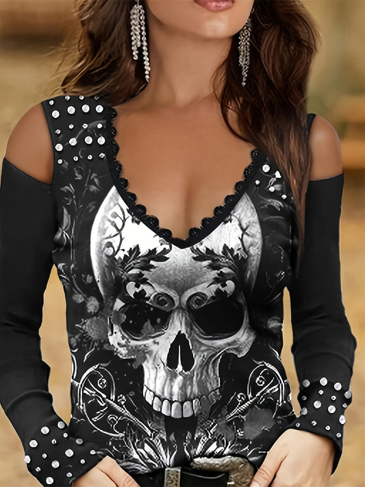 Vintage Skull Print Cold Shoulder T-Shirt - Trendy Long Sleeve Design with Cozy Fit, Distressed Retro Look, and Bold Graphic Print - Perfect for Spring & Fall, Womens Fashion Clothing