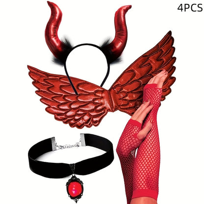 [Halloween] 4pcs Halloween Devil Costume Set, Red Sexy Halloween Costumes Demon Horn Headband, Demonic Wings, Antique Like Pendant Collar Necklace, Lace Arm Sleeves Cosplay Costume Accessories for Women