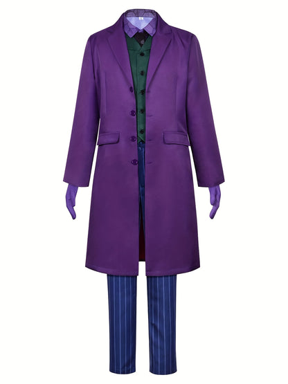 Halloween Men'S Fashion Purple Clown Six-Piece Set, Complete with Meticulously Crafted Scary Party Clown Outfit Including Long Coat, Shirt, Vest, Trousers, Tie, And Gloves.