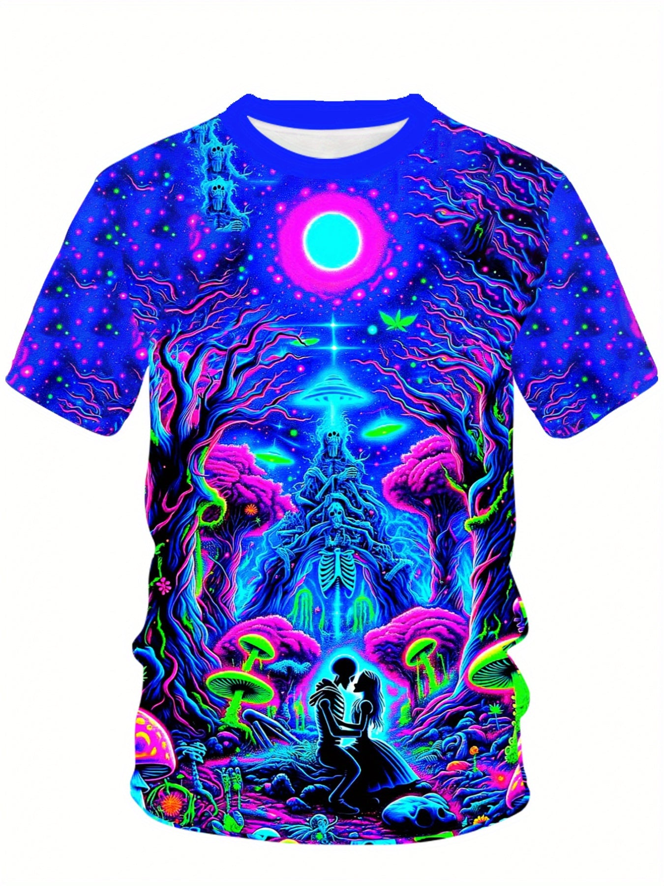 Men's 3D Printed Geometric Cosmic Scene Casual T-Shirt - Vibrant Neon Colors, Machine Washable Crew Neck Short Sleeve Top for Summer Outdoor Activities, Artistic Back Design