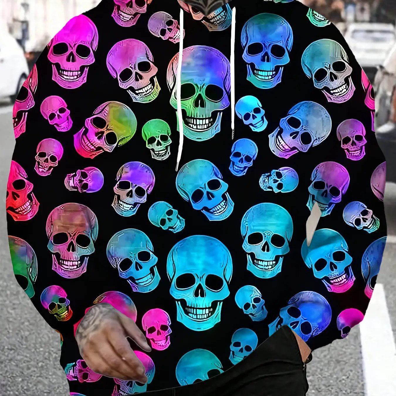 Men's 3D Skull Print Hooded Sweatshirt - Neon Glow Gothic Punk Style with Multicolor Gradient, Regular Fit Long Sleeve Pullover, Drawstring Hood & Pocket, Machine Washable Knit Fabric for Gym, Outdoor, Casual Wear (Skull Patt