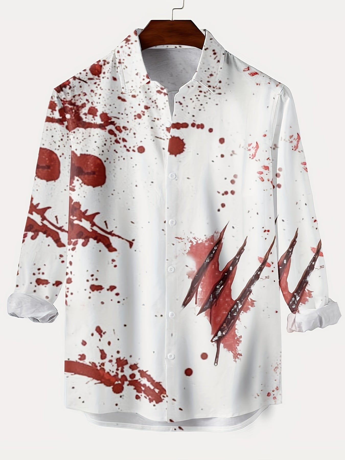 Scary Blood & Handprint Pattern Men's Long Sleeve Lapel Shirt, Men's Halloween Style Clothing For Spring Fall