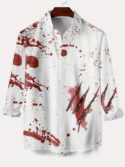 Scary Blood & Handprint Pattern Men's Long Sleeve Lapel Shirt, Men's Halloween Style Clothing For Spring Fall