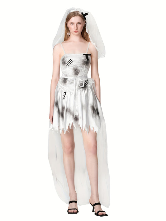 Women'S Corpse Bride Costume - Gothic Zombie Bride Dress with Headband, Off-the-Shoulder Wedding gown, for Halloween, Horror Parties, Themed Events - Spooky Bride Outfit, Halloween Attire, Eerie Fashion, Mesh Detailing, Cospl