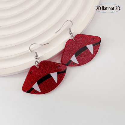 2D Flat, Pair of Red Lips & Fangs Glitter Earrings - 2D Flat Gothic Cute Jewelry with Sparkling Accents, Lightweight Dangle Earrings for Women, Perfect for Daily Wear & Halloween Party Accessories, Cute Earrings, Costume Jewe