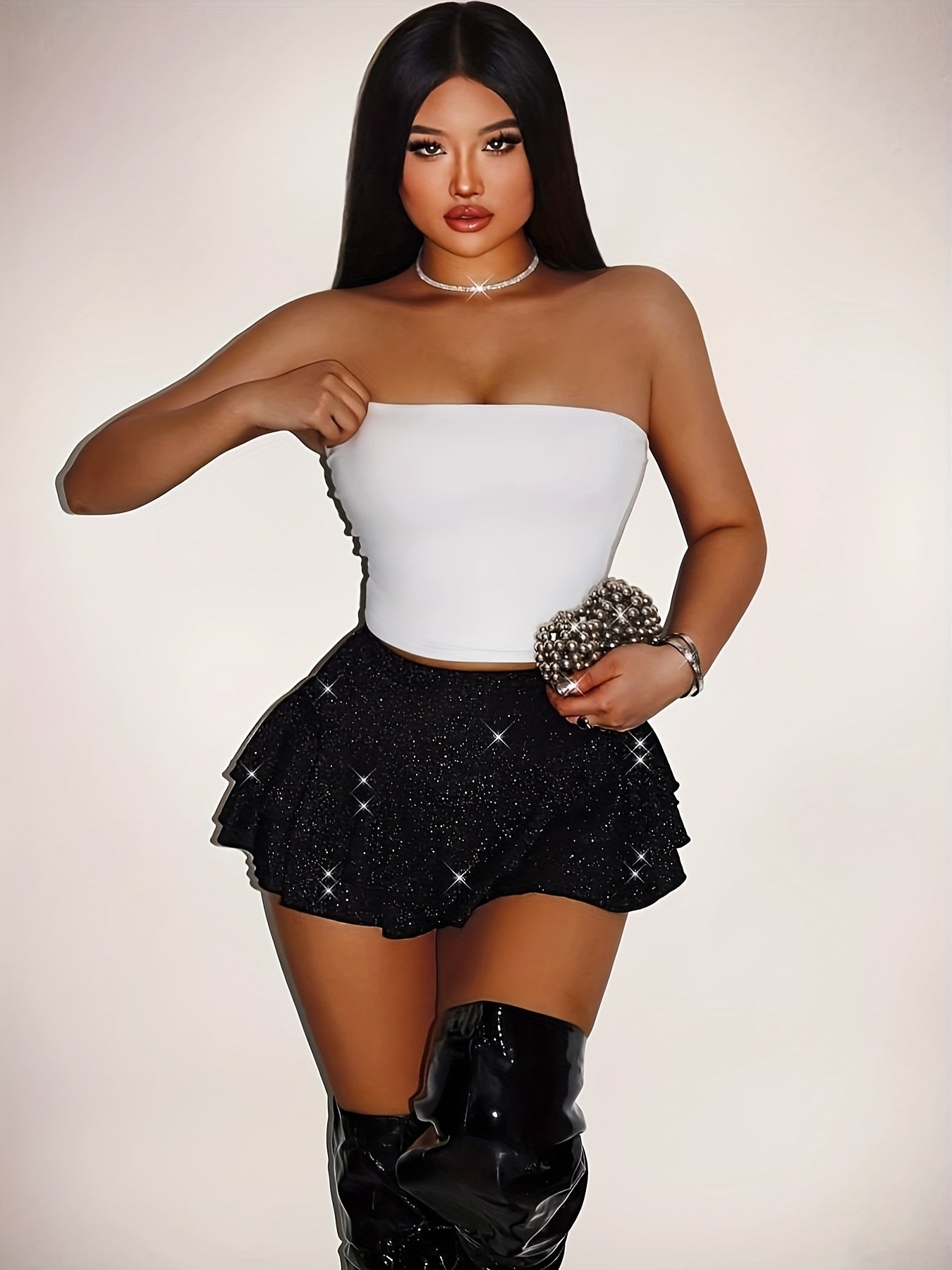 Women's Sexy Sequin Ruffled Hem Party Skirt - Stretchy Elastic Waist Summer Clubwear, Machine Washable Black Night Out Skirt for Festive Occasions, Summer Fashion | Trendy Skirt | Comfortable Fit