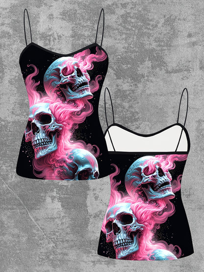 Women's Gothic Pink Flame Skull Graphic Cami Top - Elegant Sleeveless Spaghetti Strap Shirt, Machine Washable, Stretch Fabric, Perfect for Spring/Summer/Fall, Casual Wear | Edgy Chic | Medium Stretch
