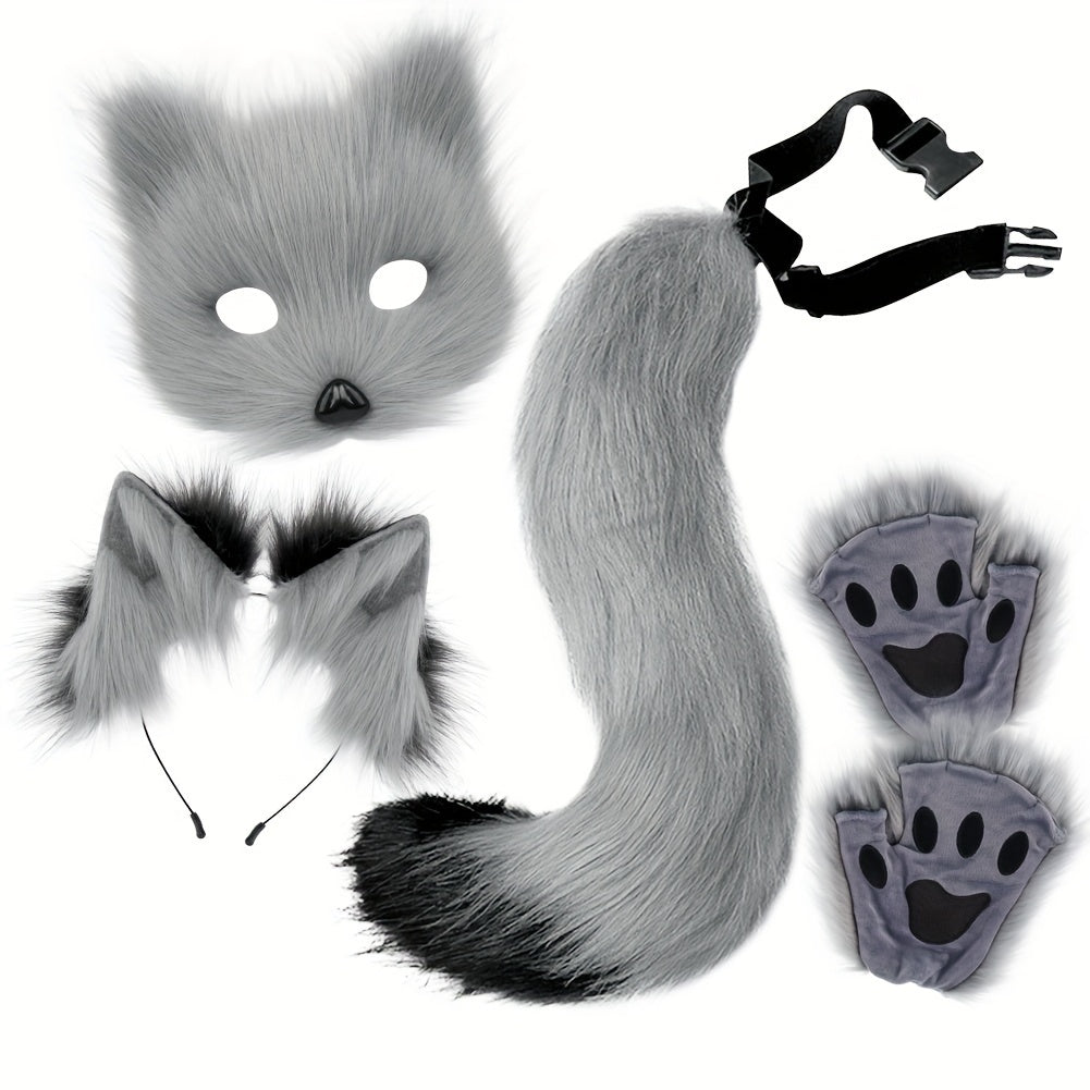 [Halloween Christmas] 4pcs Set, Adjustable Faux Fox Fur Mask Costume - Bendable Tail, Ears Headband and Gloves - Halloween/Christmas Role Play, Carnival Party, Without Battery