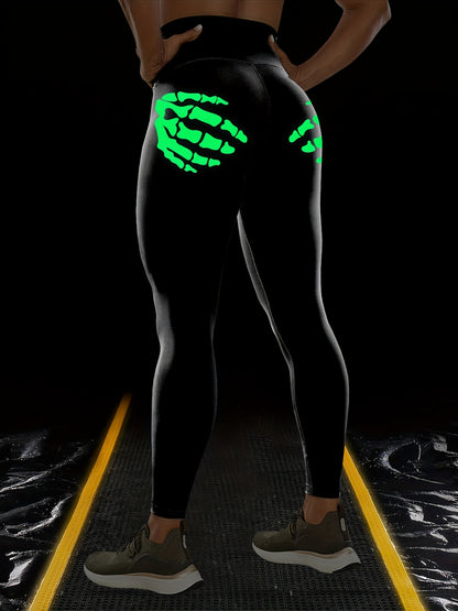 Halloween Fluorescent Skeleton Hands Printed Sports Yoga Leggings, High Waist Workout Running Sports Tight Pants, Women's Activewear Carnaval for carnival & Music Festival
