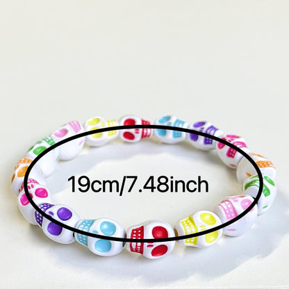 2pcs, Colorful Skull Head Elastic Line Resin Bracelet, Neutral Bracelet, Halloween, Suitable for Daily Wear, Gift Giving