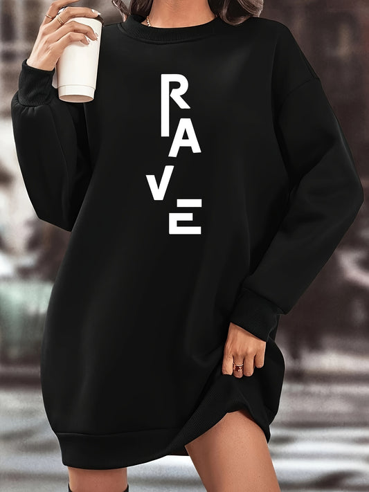 Women's Black Sweaterdress - RAVE Letter Print Lounge & Party Outfit, Long Sleeve Loose Fit Dress, Machine Washable Fall/Winter Casual to Evening Attire, Cozy Clothing, Sporty Look, Soft Texture, Fall Fashion, Relaxed Style,