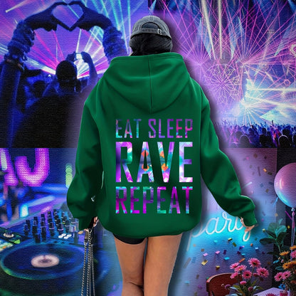Plus Size, Women's Plus Size "EAT SLEEP RAVE REPEAT" Graphic Hoodie - Music Festival Print with Colorful Lights & DJ Design, Cozy Drawstring Hooded Sweatshirt for Winter & Autumn, Machine Washable Casual Pullover