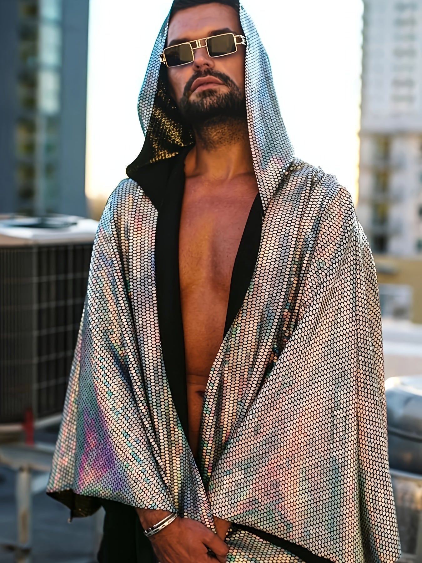 Men's Loose Fit Laser Sequin Hooded Shawl - Sparkling Reflective Nightclub & Rave Apparel, Machine Washable Music Festival Vest with Adjustable Hood for Concerts and Parties, Party Wear, Reflective Fashion, Durable Party Wear