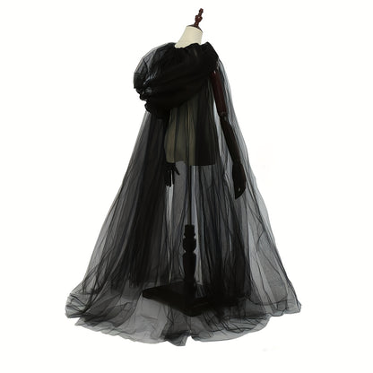 [Elegant Witch Cloak] Double Layer Elegant Witch Cloak with Hat | Halloween Cosplay Costume, Black and White - Adjustable Belt for Scary Parties, Themed Events and Holiday Wear, Tasseled Polyester Fabric, 1pc