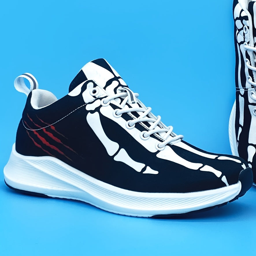 Halloween Devil's Bone Men's Lightweight Running Shoes - Low-Top Lace-Up, Skeleton & Flame Design, Breathable Fabric, MD Sole, Perfect for Halloween & Beyond