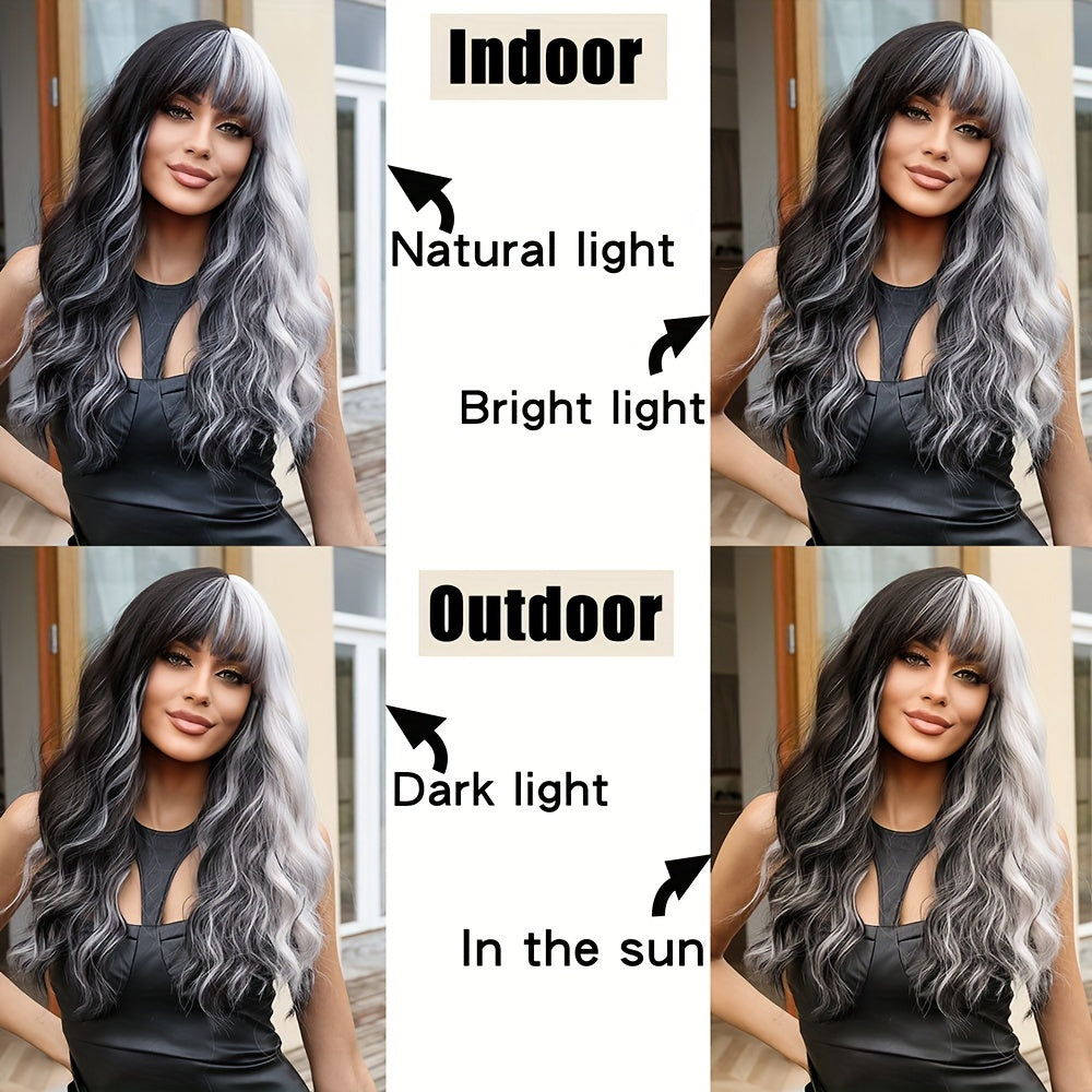 Elegant 22-Inch Two-Tone Black & White Wig for Women - Water Wave Synthetic Hair with Bangs, Perfect for Cosplay & Daily Fashion