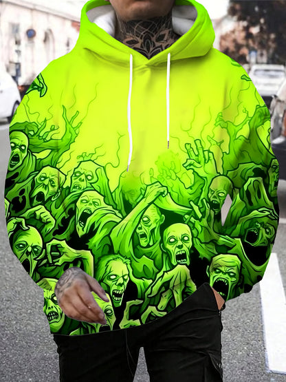 Men'S Y2K Dark Punk Skull Graphic Hoodie - Vibrant Green 3D Print, Elastic Knit Fabric, Drawstring Pocket, Regular Fit for Gym, Outdoor & Casual Wear, Autumn Winter Essential, Gym Apparel | Skull Print Hoodie | Stretchy Knit